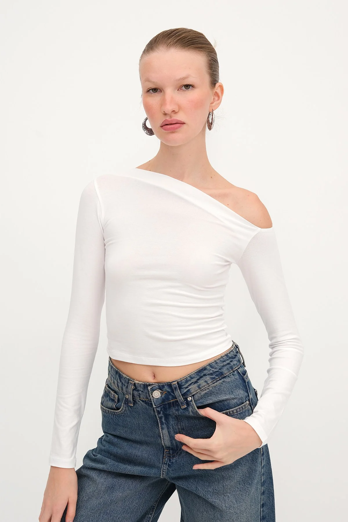 Asymmetrical Collar Long Sleeve Blouse - Image 24