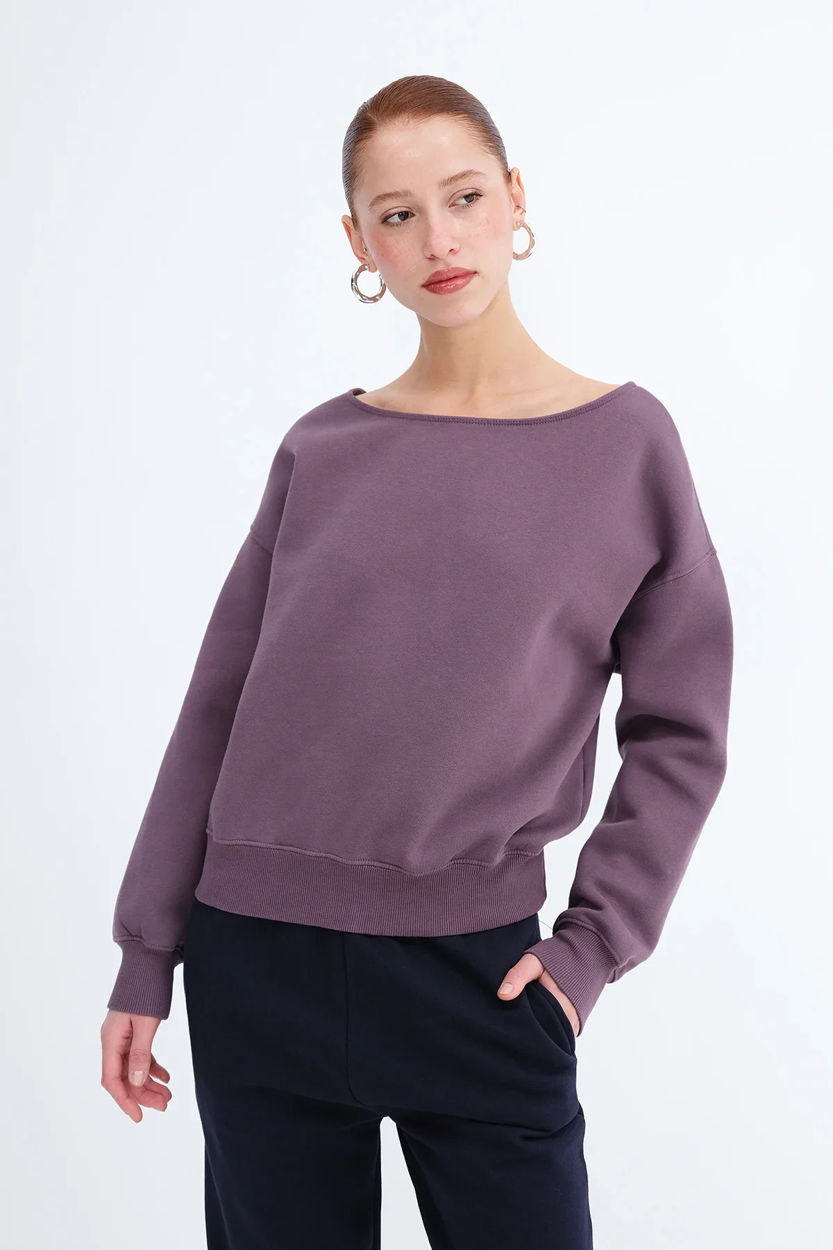 Boat Neck Fleece-Lined Sweatshirt - Image 54