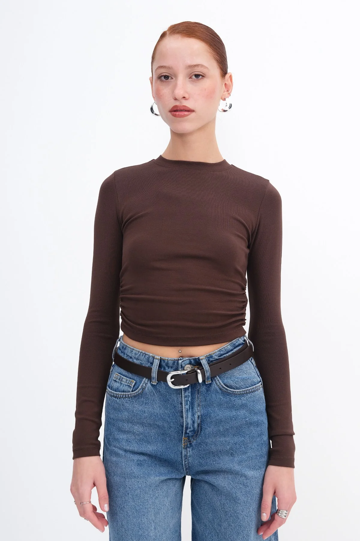 Crew Neck Basic Blouse with Gathered Sides - Image 17