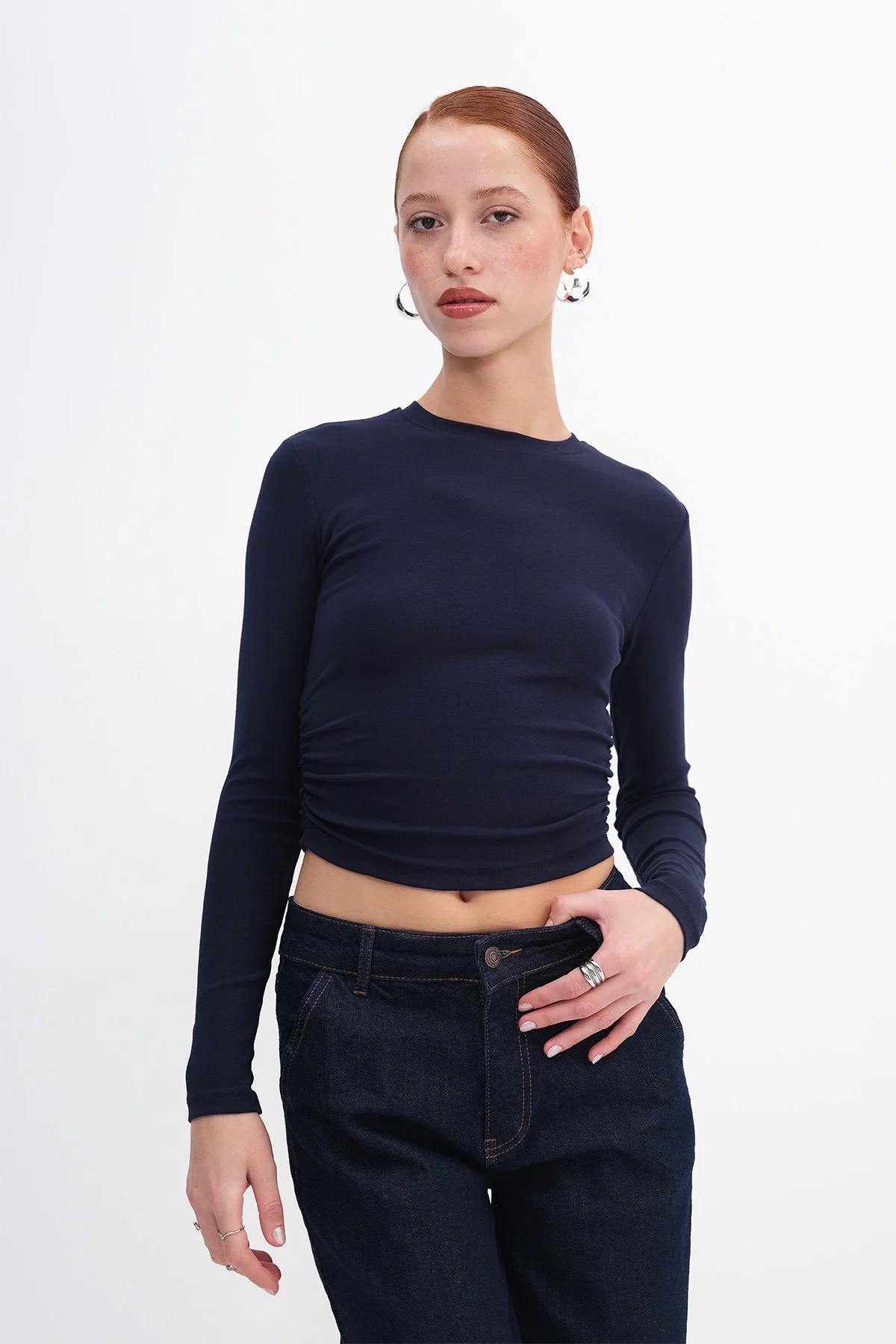 Crew Neck Basic Blouse with Gathered Sides - Image 28