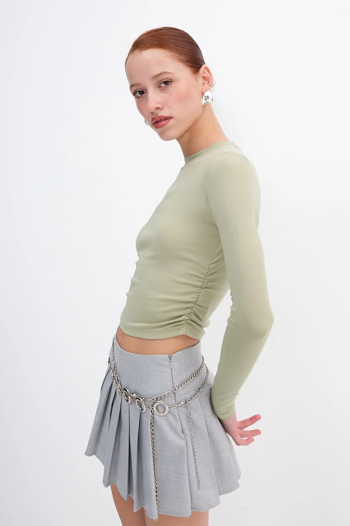 Crew Neck Basic Blouse with Gathered Sides - Image 40