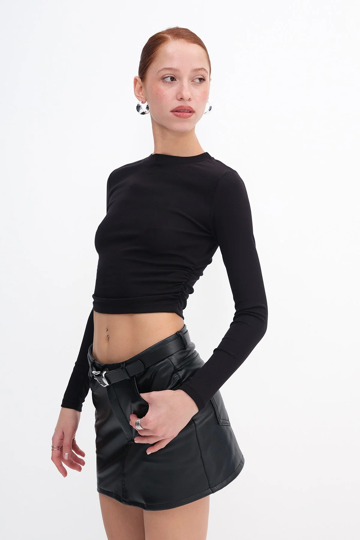 Crew Neck Basic Blouse with Gathered Sides - Image 42