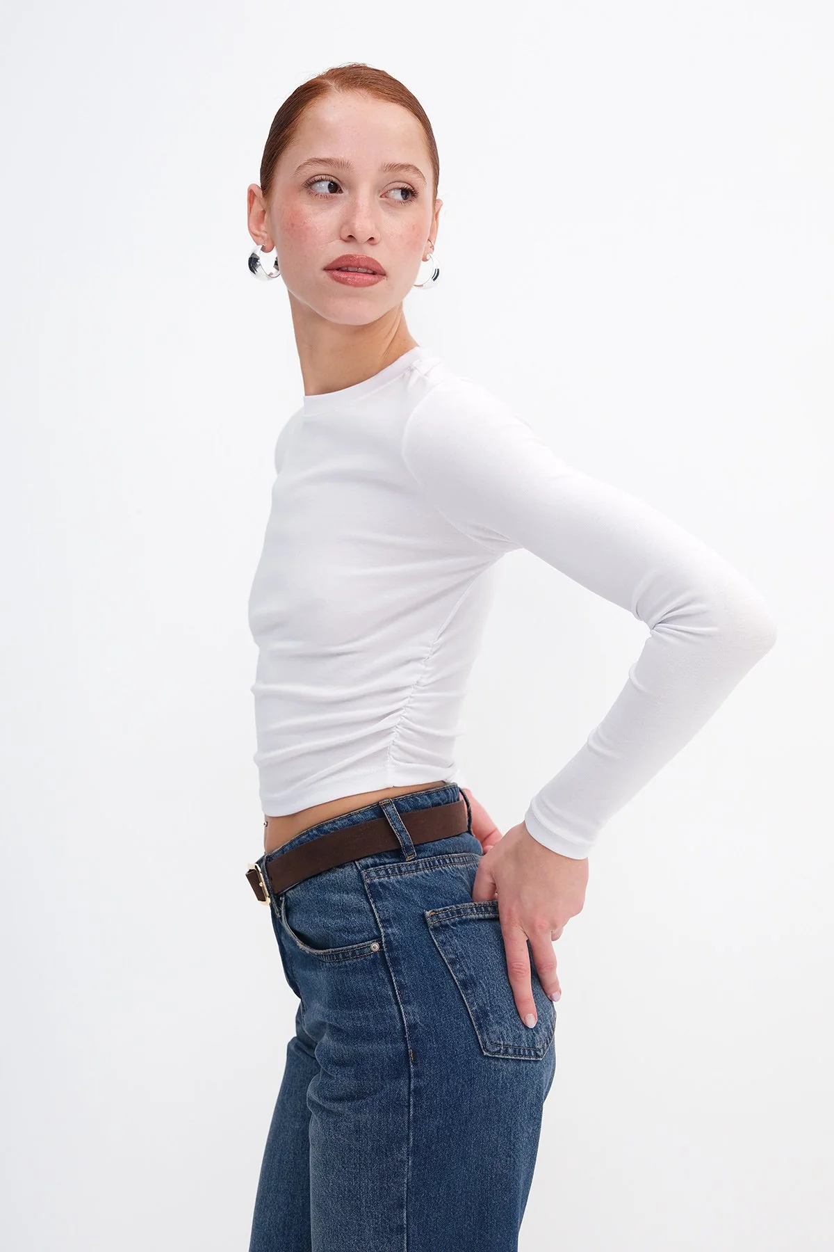 Crew Neck Basic Blouse with Gathered Sides - Image 49