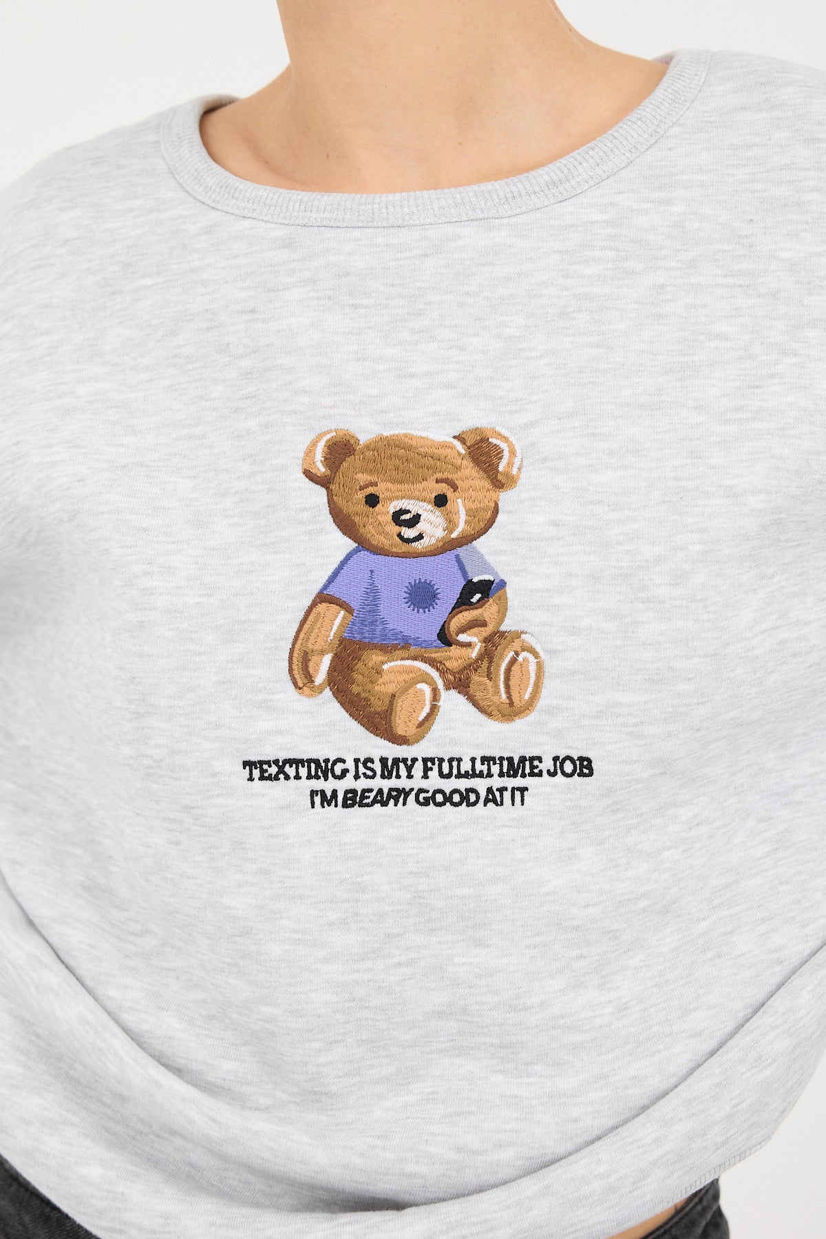 Crew Neck Bear Embroidered Fleece Sweatshirt - Image 3