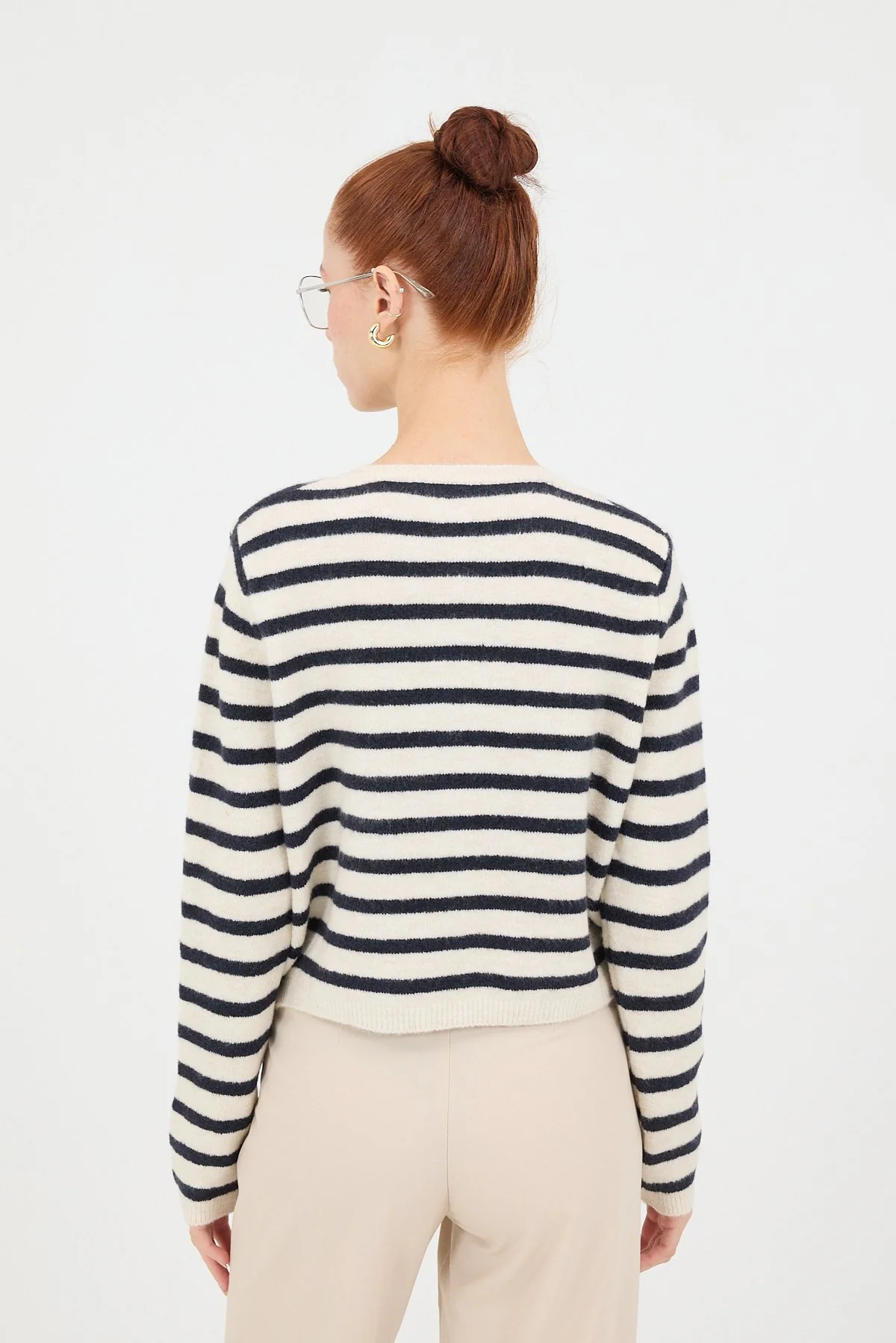 Crew Neck Striped Buttoned Knitwear Cardigan - Image 4