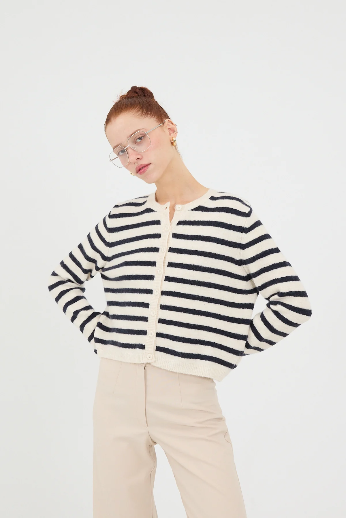 Crew Neck Striped Buttoned Knitwear Cardigan - Image 5
